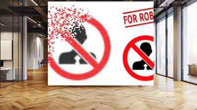 No clerk icon in sparkle, pixelated halftone style and For Robots textured stamp seal. Points are organized into vector disappearing no clerk form. Wall mural