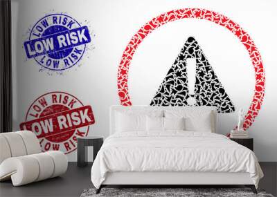 Round LOW RISK rubber stamp seals with word inside round shapes, and shard mosaic danger sign icon. Blue and red stamp seals includes LOW RISK title. Danger sign mosaic icon of debris items. Wall mural