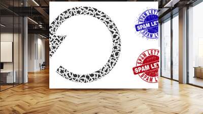 Round SPAM LETTER rubber seals with tag inside round shapes, and detritus mosaic rotate ccw icon. Blue and red stamp seals includes SPAM LETTER tag. Rotate ccw mosaic icon of debris parts. Wall mural