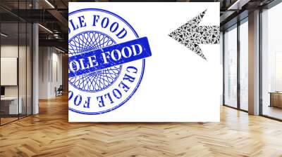 Turn left collage of triangle, and Creole Food unclean seal. Blue stamp seal has Creole Food title inside circle form. Vector turn left collage is organized of different triangle parts. Wall mural