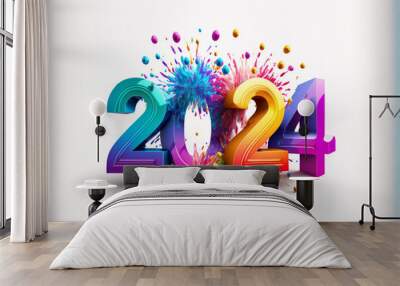 Brightly colored number 2024 reflecting the new year on white background. Artwork created with generative ai Wall mural