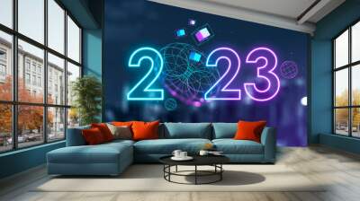 2023 year and data blocks with spheres in metaverse, blurred city view Wall mural