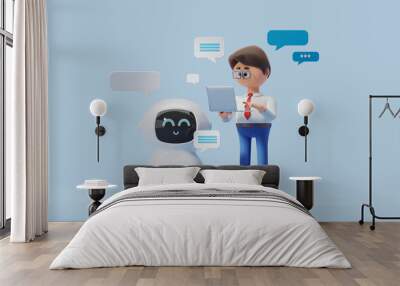 3d rendering. Cartoon man with laptop asking robot for information Wall mural