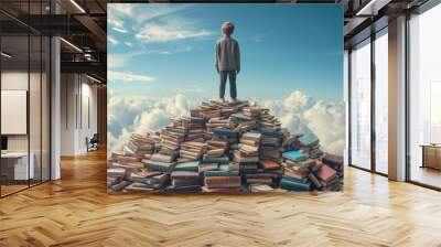 A child stands atop a large hill of books under a cloudy sky. Ai generative illustration Wall mural