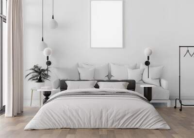 A white sofa with pillows, a poster on a wall and pendant lights in a bright modern interior, Generative AI. Wall mural