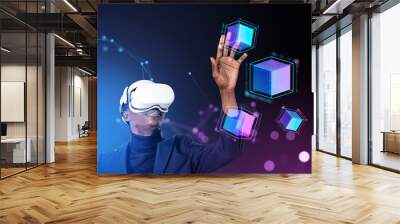 African American businessman wearing vr headset touching digital Wall mural