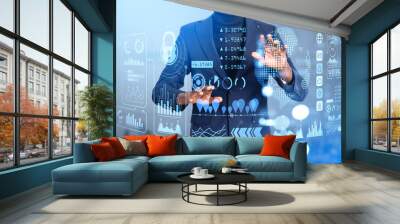 African businessman hands touching global business data hud with infographics Wall mural