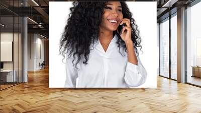 African businesswoman portrait with a happy smile, laughing have a phone conversation. Secretary talking on smartphone, isolated over white background. Concept of communication and network Wall mural