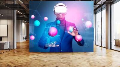 African man in vr glasses, working with data blocks and spheres in metaverse Wall mural