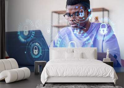 African man student with laptop, cybersecurity circuit and digital connection Wall mural