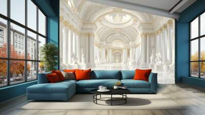 An opulent white marble interior with statues and ornate gold detailing, lit by natural light, conveying grandeur and elegance. Generative AI Wall mural