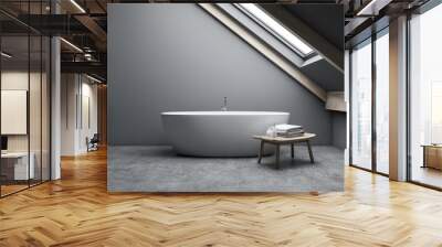 Attic gray bathroom interior with tub and bench Wall mural