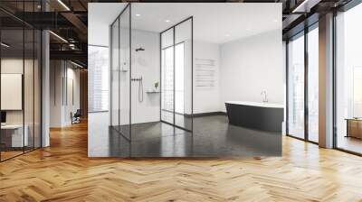 Bathroom space with half-glass cabin in center and black bathtub Wall mural