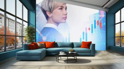 Beautiful young businesswoman in city, charts Wall mural