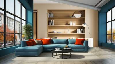 Beige library room interior with armchairs and coffee table with bookshelf Wall mural