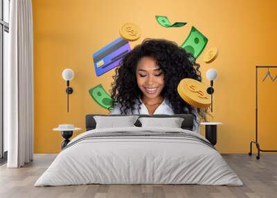 Black businesswoman with tablet, coins and banknotes with credit Wall mural