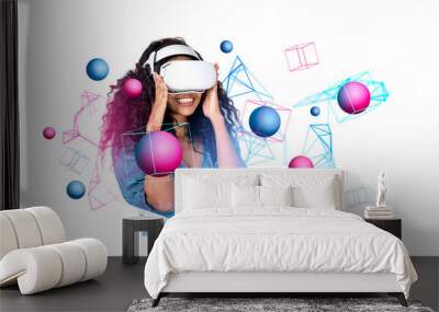 Black woman portrait in vr glasses working in metaverse, floating objects Wall mural