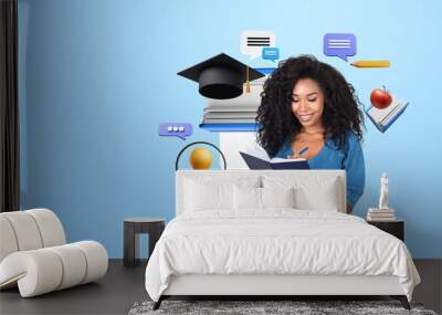 Black woman take note in notebook, education icons on blue background Wall mural