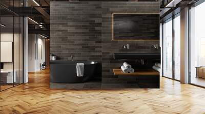 Black wooden bathroom, double sink, tub Wall mural