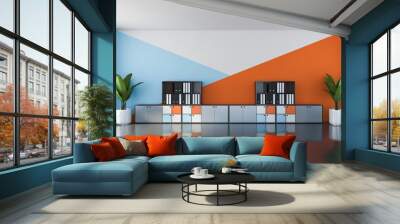 Blue and orange office with bookcase Wall mural