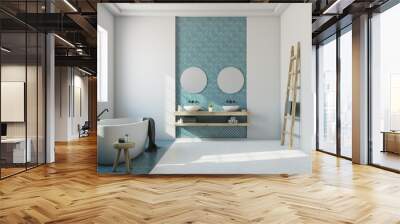 Blue and white bathroom, white tub, sink Wall mural