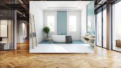 Blue and white bathroom, white tub Wall mural