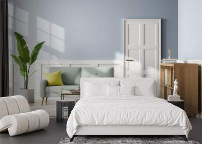 Blue and white living room interior with sofa and drawer, mockup Wall mural