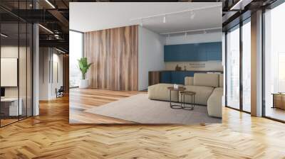 Blue and wood kitchen and living room Wall mural