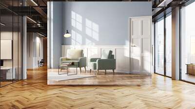 Blue and wooden living room interior with armchairs and window, mockup Wall mural