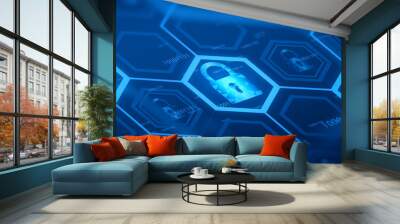 Blue online security digital button Wall mural