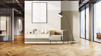 Bright contemporary waiting room interior with beige armchair and sideboard Wall mural