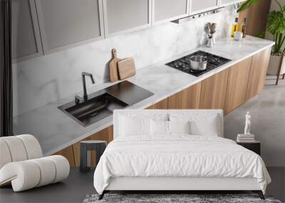 Bright kitchen room interior with white marble wall, concrete floor Wall mural