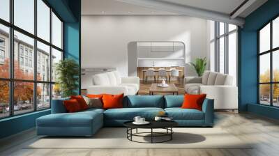 Bright living room and kitchen interior with sofas, panoramic window Wall mural