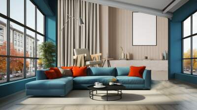 Bright living room interior with white empty poster, armchair Wall mural