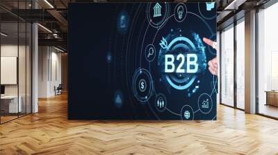 Business concept showcasing B2B network with various icons and graphics. Futuristic style on a dark background. Represents business, technology, and collaboration Wall mural