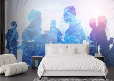 Business people in city, digital network Wall mural