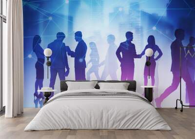 Business people in city, network interface Wall mural