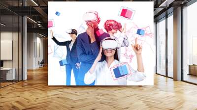 Business people in vr glasses, working with data blocks in metav Wall mural