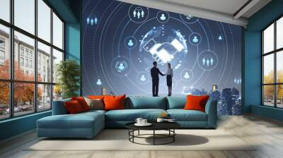 Business people shaking hands with a digital global network back Wall mural