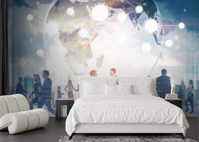 Business people silhouettes, global network Wall mural