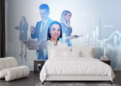 Business people take note, stock market chart and cityscape Wall mural