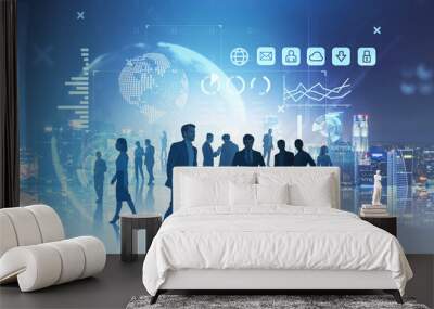 Business people teamwork in international company, globe and digital icons Wall mural