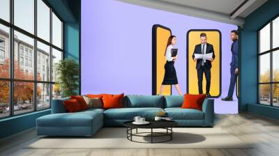 Business people walking out of copy space phone display, virtual meeting Wall mural