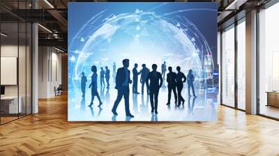 Business people working in international company, earth map hologram at night Wall mural