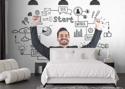 Businessman celebrating, startup strategy Wall mural