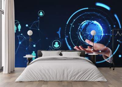 Businessman holding earth sphere, social network icons and connection Wall mural