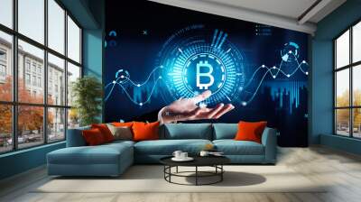 Businessman wearing suit is holding digital interface with bitcoin cryptocurrency Wall mural