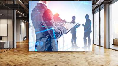 Businessman with clipboard and team, network Wall mural