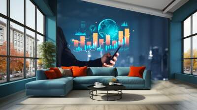 Businessman with phone, earth globe and stock market dynamics Wall mural