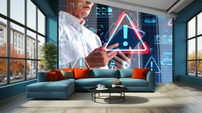 Businessman working with tablet, system alert hologram with diverse icons Wall mural